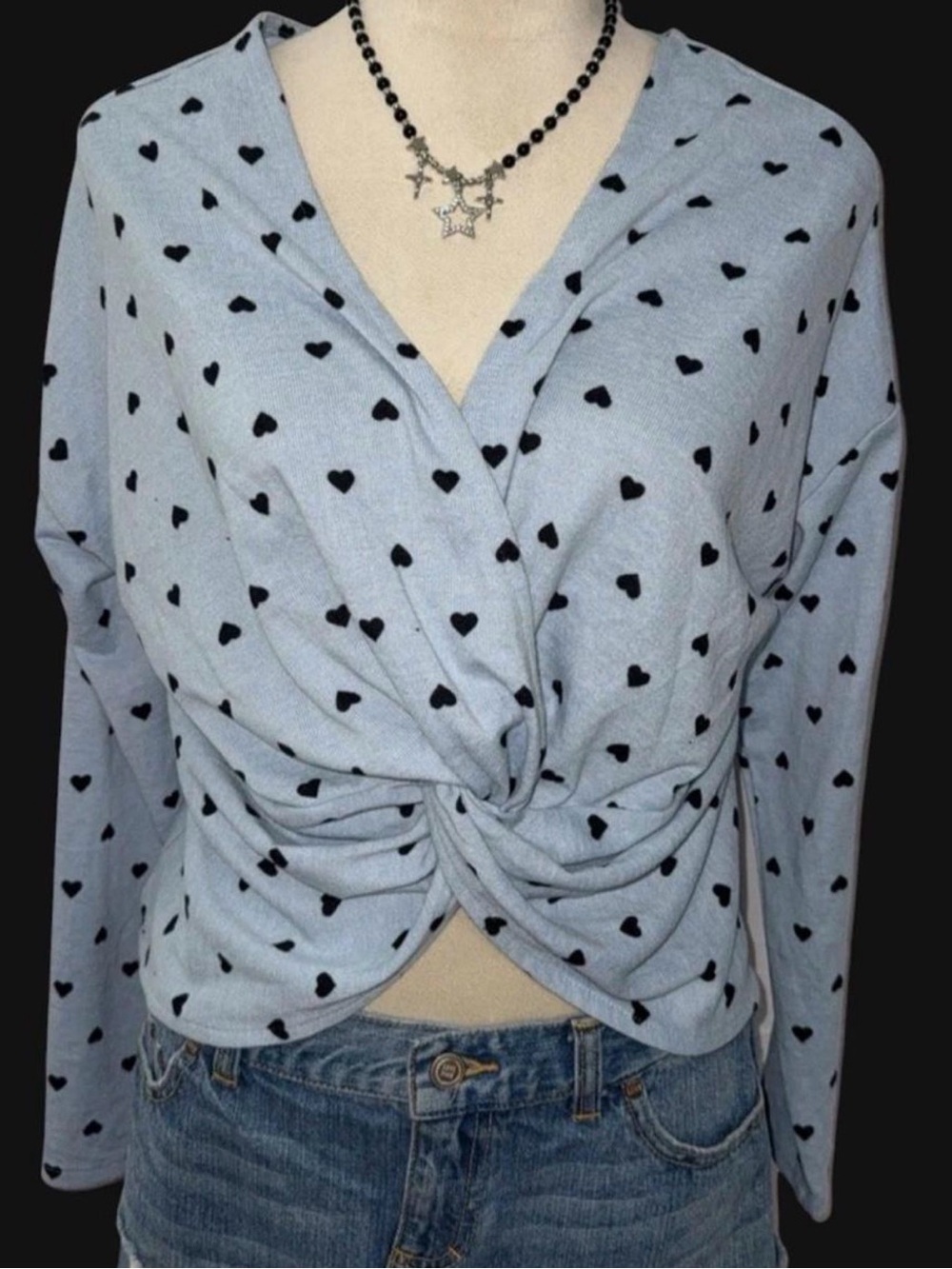 Candie's Light Blue Heart-Print Twist Crop Top